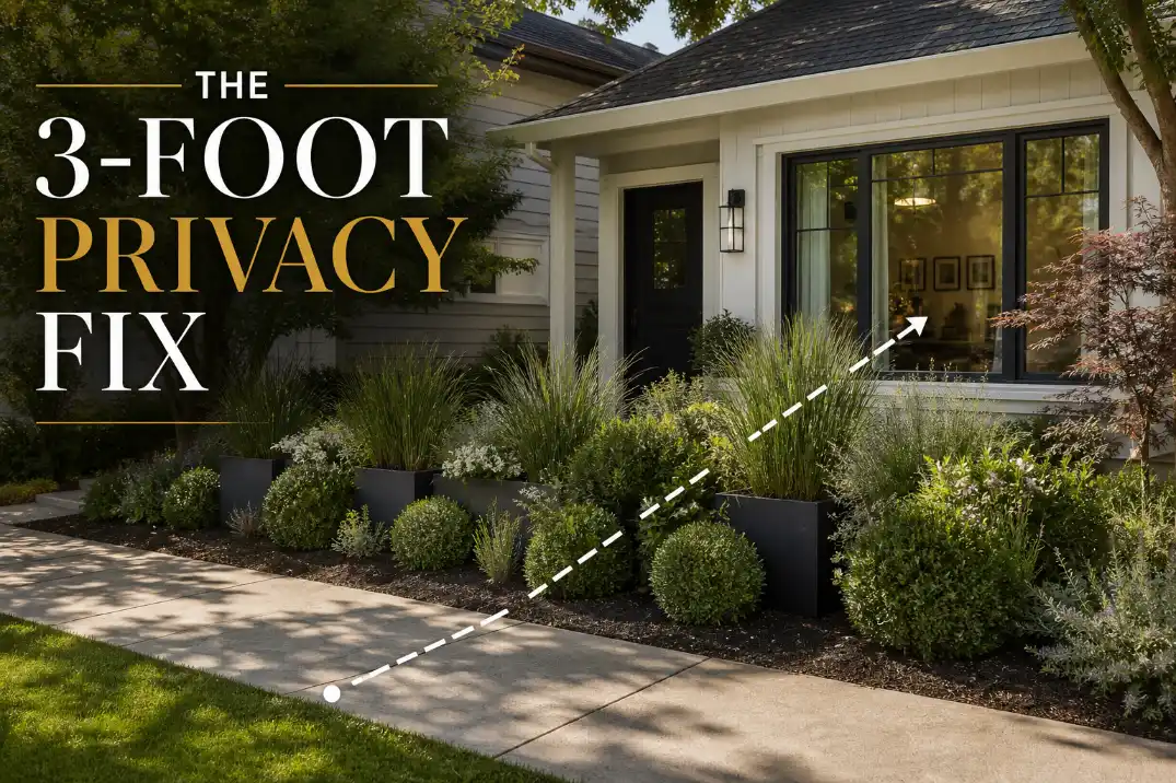 Small front yard without a fence using a 3-foot layered privacy buffer to block sidewalk views while keeping the entry visible.