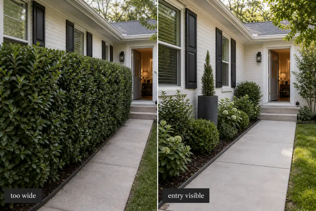 Comparison of an oversized front yard hedge crowding a narrow bed versus layered screening that keeps the entry visible.