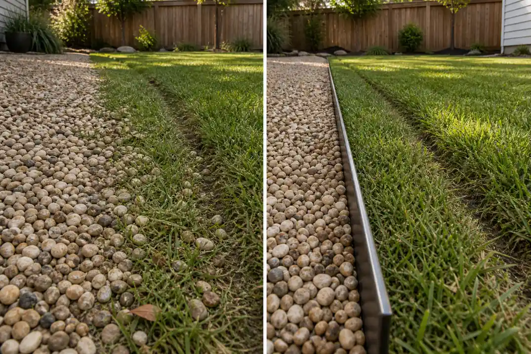 Low flexible edging letting gravel spill into grass compared with raised metal edging containing gravel beside a lawn.