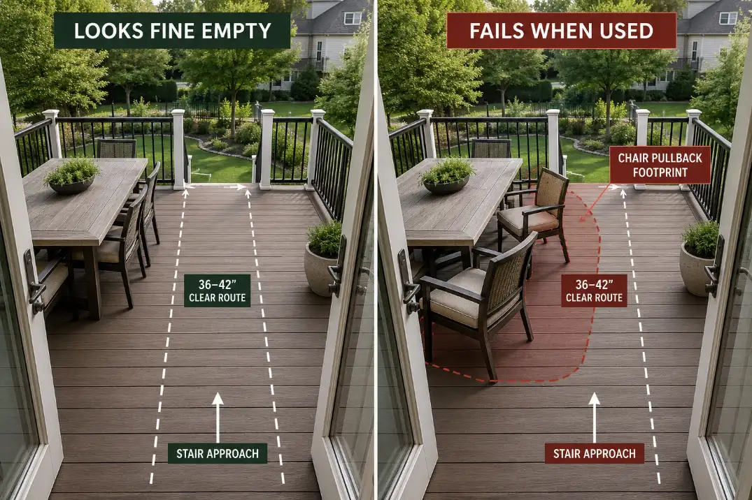 Comparison of a raised deck that looks clear when chairs are tucked in but blocks the stair route during real use.
