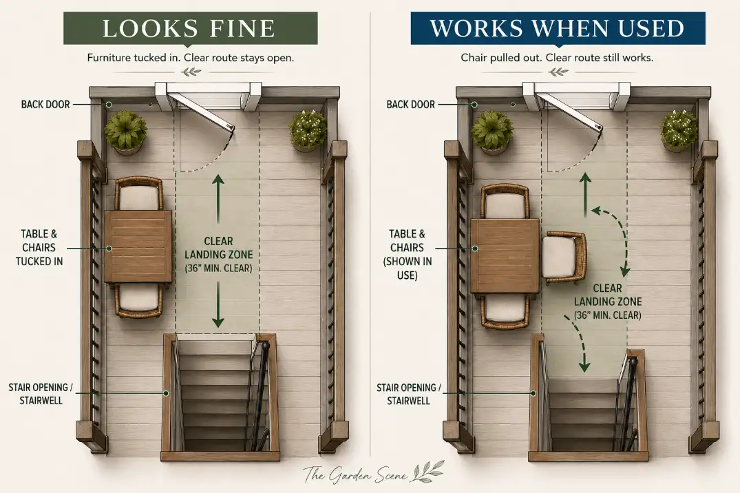 Comparison of a small deck landing with chairs tucked in versus pulled out while keeping the stair route clear.