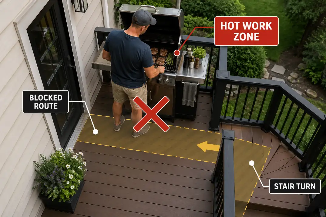 Overhead view of a small raised deck showing a hot grill work zone blocking the route from the back door to the stairs.