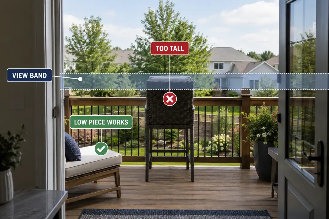 View from inside a house showing tall deck furniture blocking the railing sightline while low furniture stays below the view band.