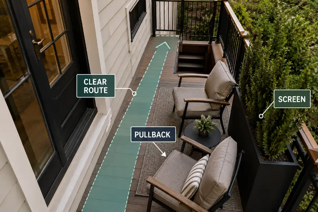 Townhouse deck with a chair pulled back into the walking route, showing how seating can crowd clear access.