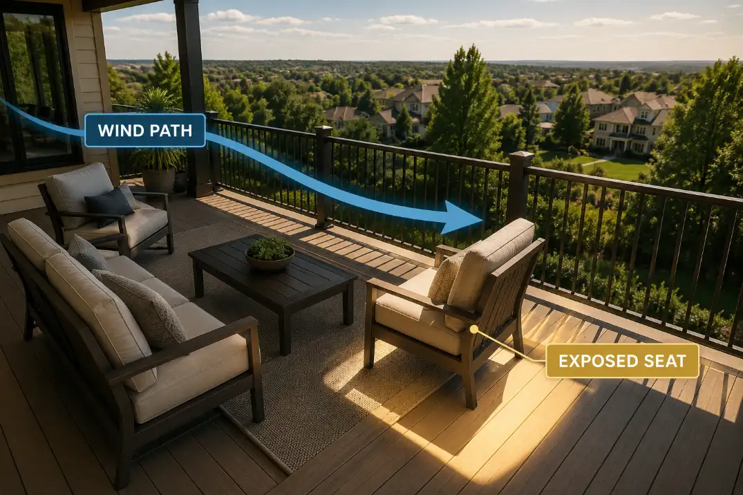 Upper-level deck showing wind path and afternoon sun crossing the exposed main seating area near the railing.