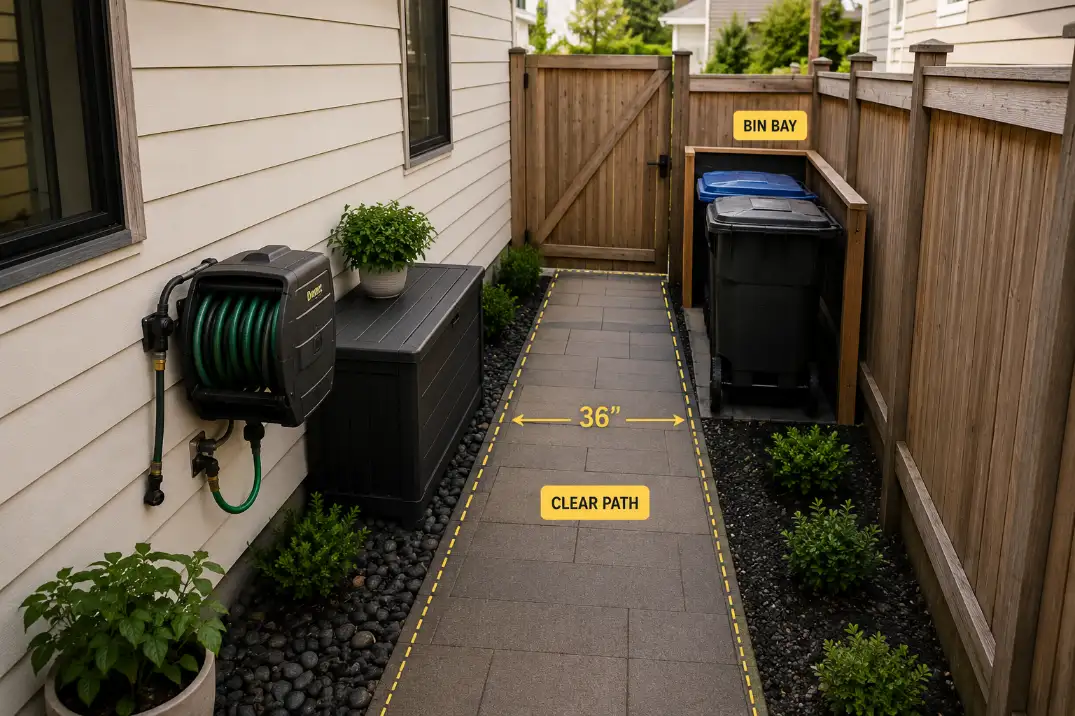 Narrow side yard utility corridor showing a clear 36-inch route, wall-mounted hose storage, and a bin bay near the gate.