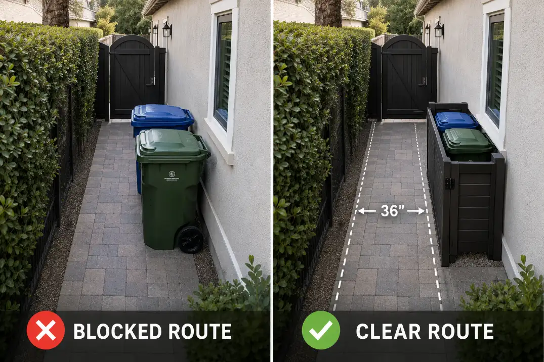 Comparison of trash bins blocking a narrow side yard route versus bins parked beside a clear 36-inch path.