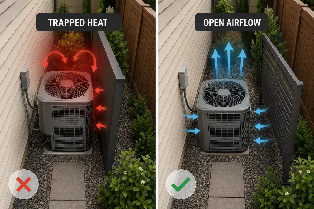Comparison of a side yard AC screen trapping heat beside a condenser versus a vented offset screen that leaves side and top airflow open.