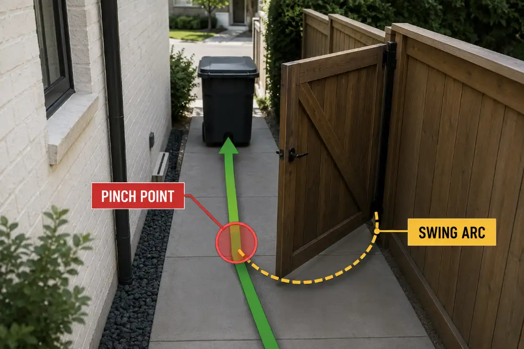 Side yard gate swing arc crossing the bin route and creating a pinch point.