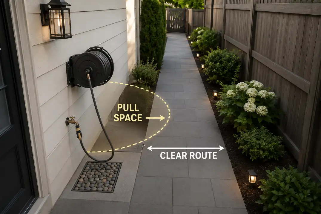 Narrow side yard hose reel zone with clear walking route, hose pull space, and dry pad below the outdoor faucet.