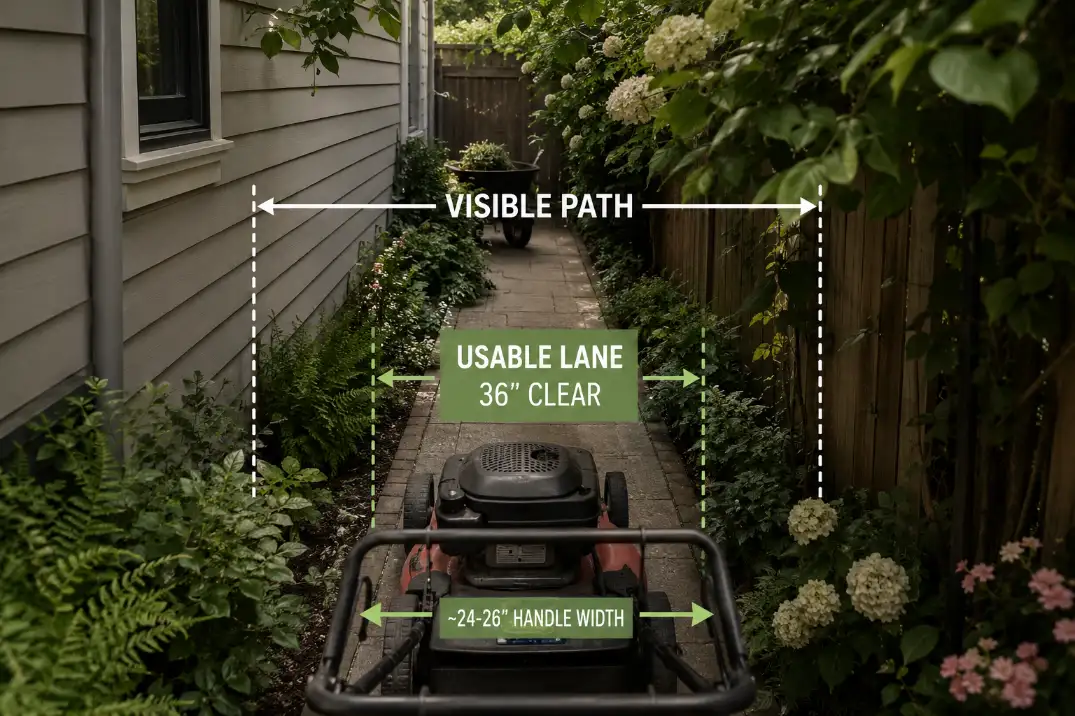 Narrow side yard path showing the difference between visible walking width and usable mower and wheelbarrow access width.