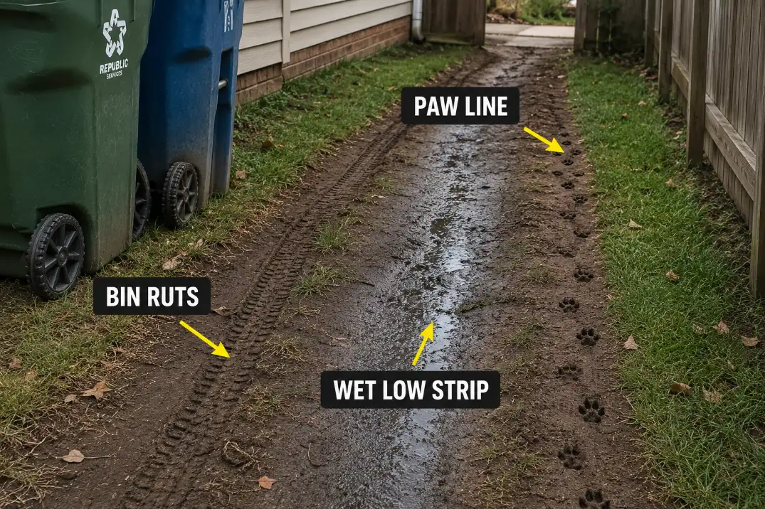 Narrow side yard with dog paw prints, trash bin wheel ruts, and a wet low strip showing repeated traffic mud.
