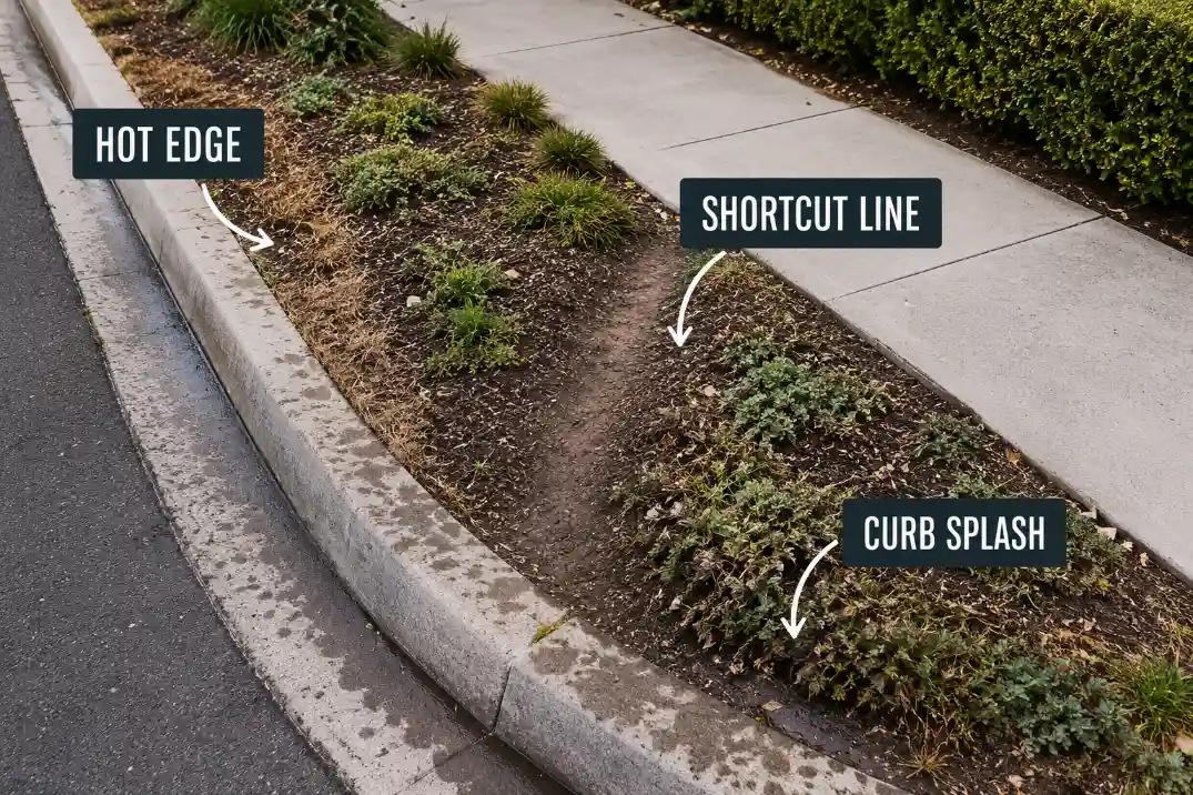 Overhead view of a sidewalk strip showing hot concrete edge damage, a pedestrian shortcut line, and curb splash near the street.