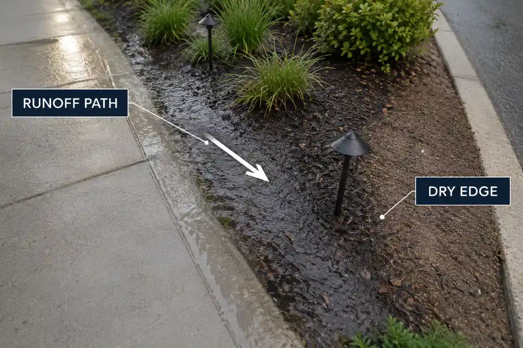 Water runoff path from a narrow sidewalk strip onto concrete with a dry curb-side edge still visible.