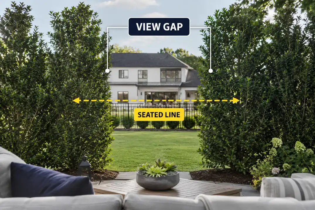 Backyard privacy landscaping with a highlighted seated sightline gap between shrubs facing a neighboring house.