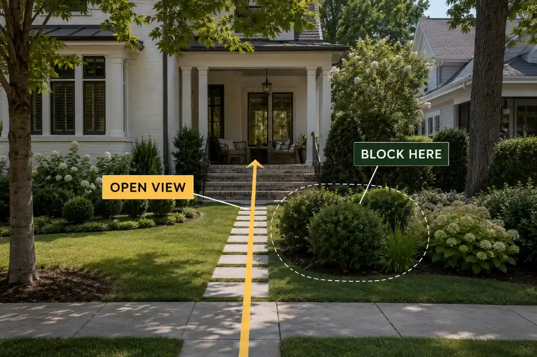 Street-level front yard view showing an open sightline toward a porch and the correct shrub cluster placement to block it.