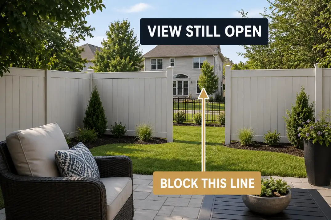 Backyard patio view showing an open eye-level sightline through a privacy fence gap.
