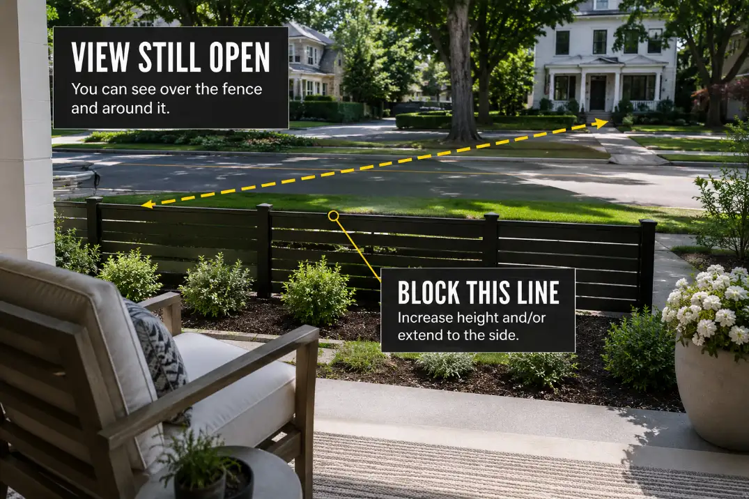 Low front yard fence with a visible sightline still reaching the porch seating area from the sidewalk.