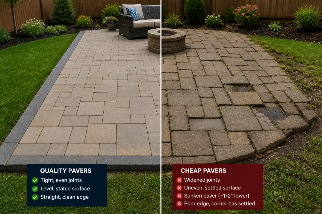 Comparison of stable backyard pavers with tight joints versus cheap pavers with widened joints, settling, and a small puddle.