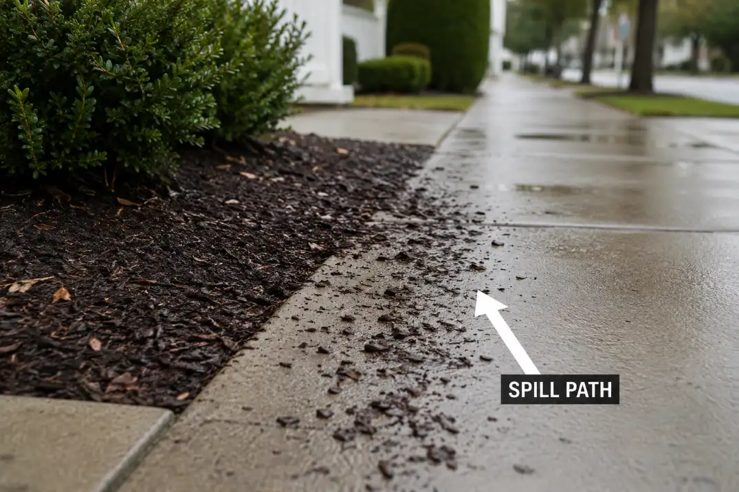 Mulch spilling from a sidewalk strip onto concrete because the bed surface sits too close to the sidewalk height.
