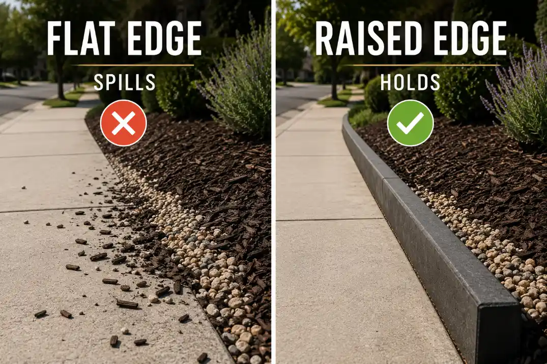 Sidewalk strip comparison showing loose mulch and gravel spilling at a flat edge versus staying contained below a raised edge.