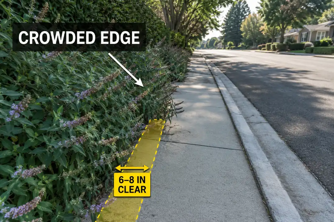 Narrow sidewalk strip with mature plants crowding the sidewalk edge and a highlighted 6 to 8 inch clear zone.