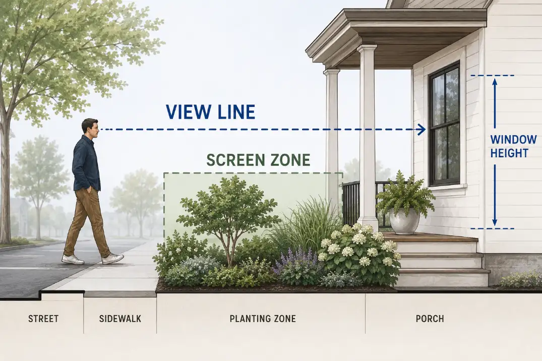 Side-view diagram showing the sightline from sidewalk traffic to front windows and the correct screen zone in a street-facing front yard.