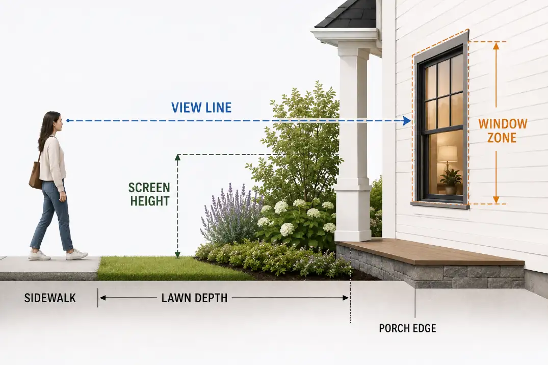 Side-view diagram of a small front yard showing a pedestrian sightline over low plants toward a front window.