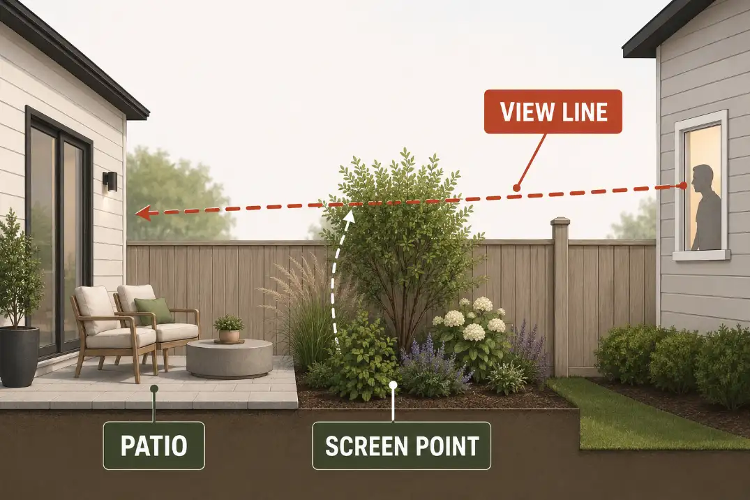 Diagram showing a neighbor window sightline passing over a fence toward a backyard patio privacy screen point.