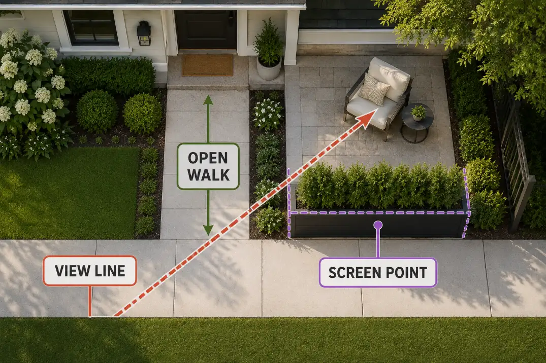 Overhead diagram showing a privacy planter placed at the screen point where the sidewalk view crosses a front patio.