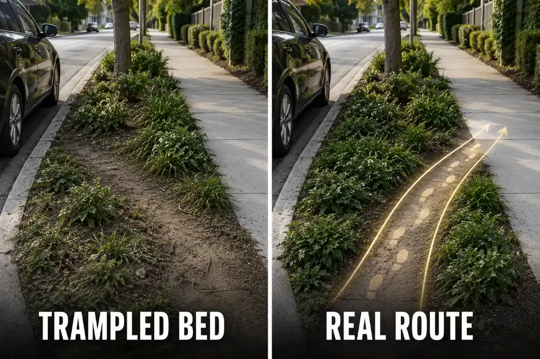 Comparison of a trampled sidewalk strip and the repeated foot route causing damage between the curb and sidewalk.