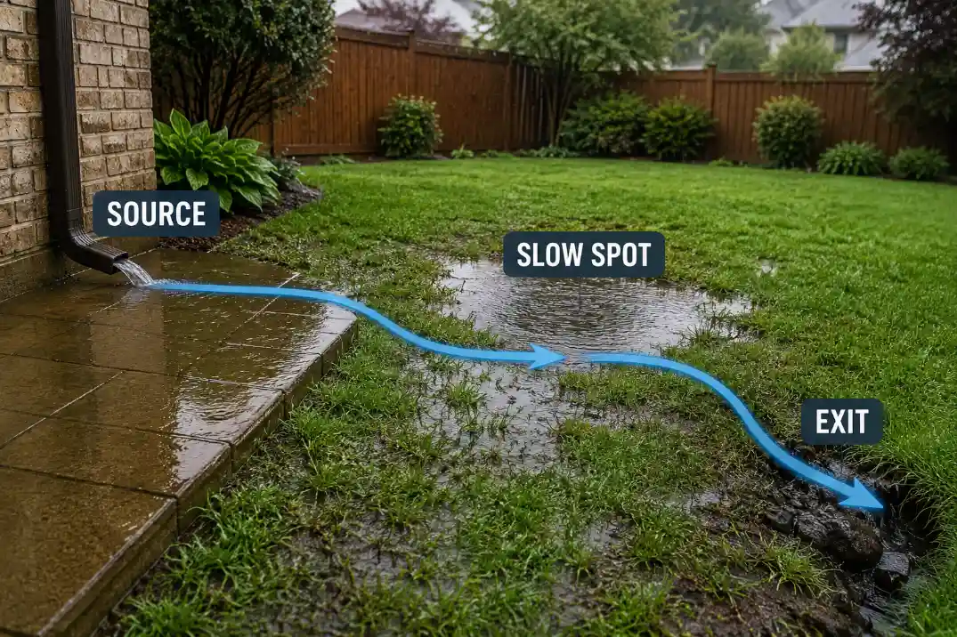 Backyard drainage inspection showing the water source, slow spot, and exit path before choosing a yard drainage solution.