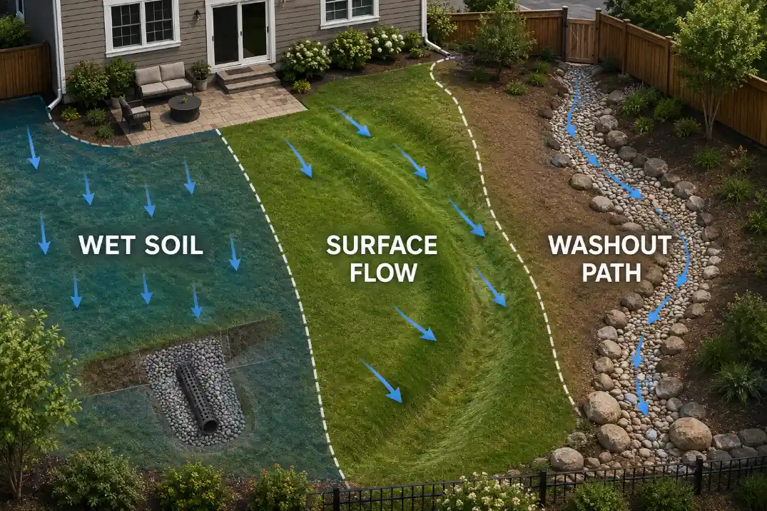 Backyard drainage decision diagram matching wet soil, surface flow, and washout path to different drainage fixes.