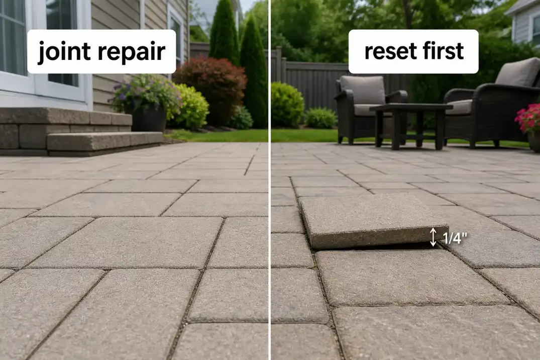 Comparison of flat pavers needing polymeric sand and a sunken rocking paver that must be reset before joint repair.