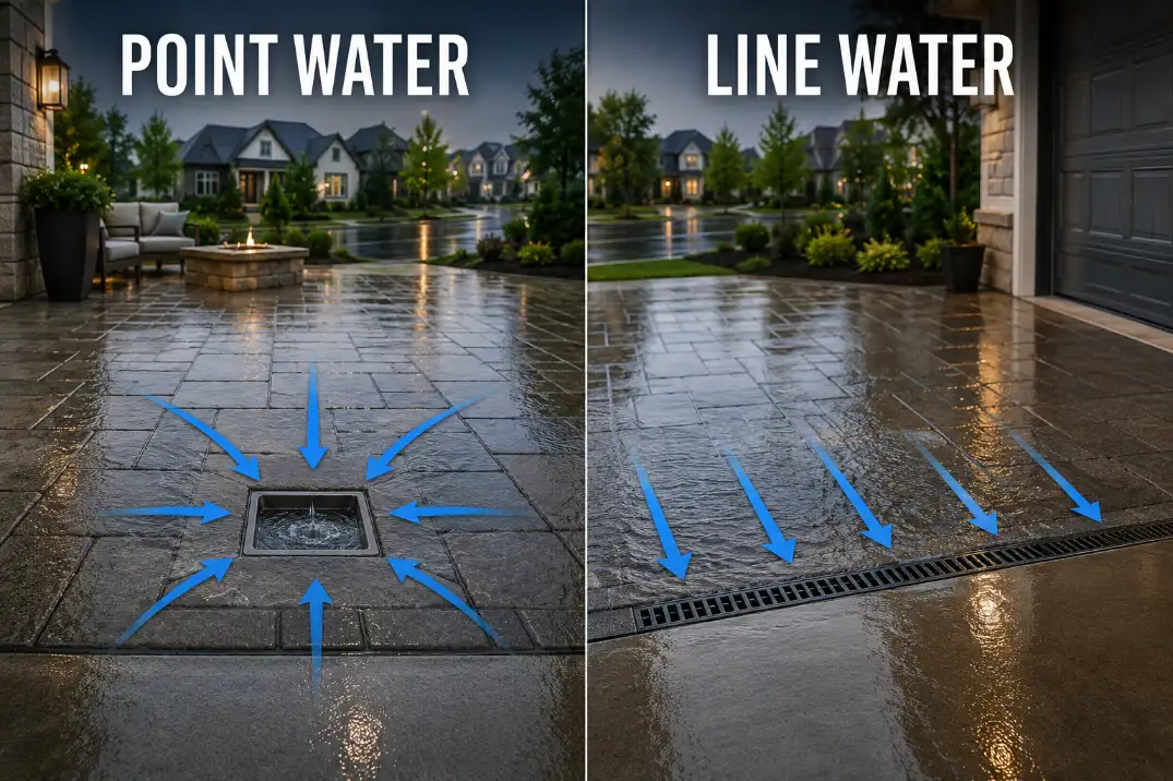 Comparison visual showing point water for a catch basin and line water for a channel drain on wet hardscape.
