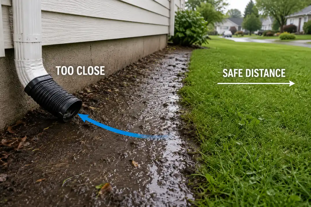 Downspout extension ending too close to a foundation with wet soil still sitting inside the first 10 feet.