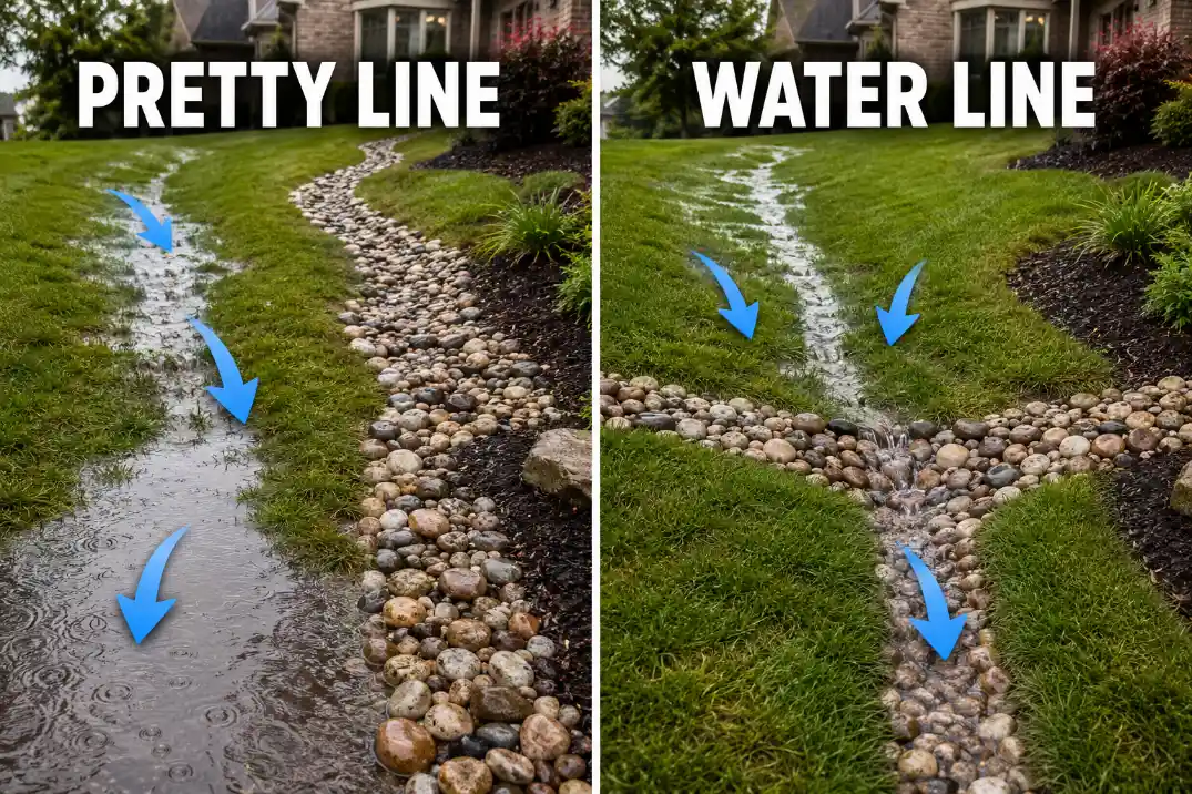 Comparison of a dry creek bed placed as a pretty line versus one placed on the real water line.