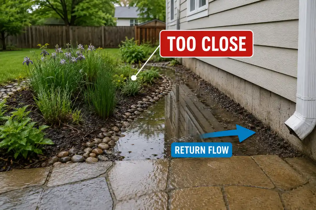 Rain garden too close to a house and patio with runoff returning toward the foundation after rain.