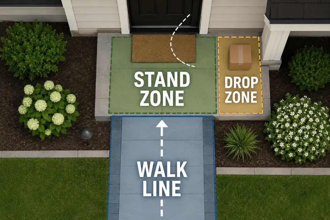 Overhead front entry diagram showing the walk line, stand zone, and drop zone separated around a front door.