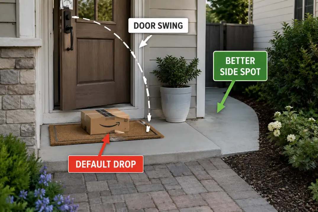 Small front entry showing a package on the doormat blocking the door swing with a better side drop spot marked.