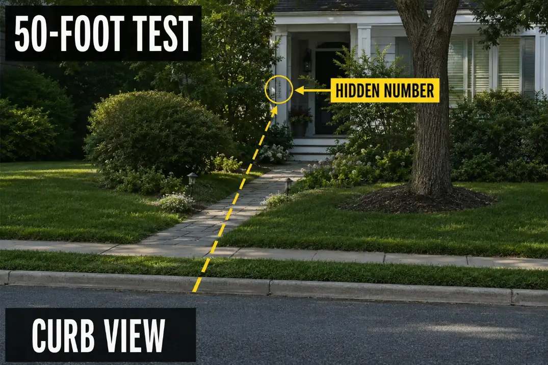 Curbside house number visibility test showing a hidden address number from the street.