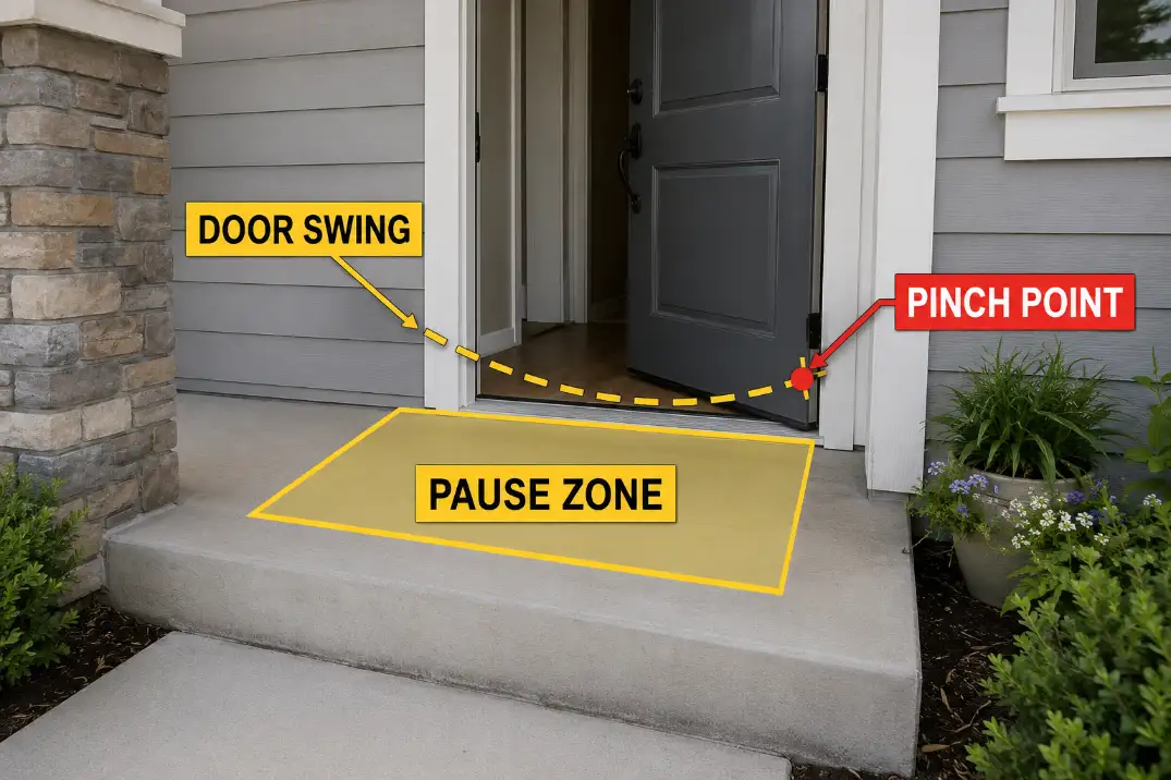 Small front door landing showing the pause zone, door swing, and pinch point where standing clearance is reduced.