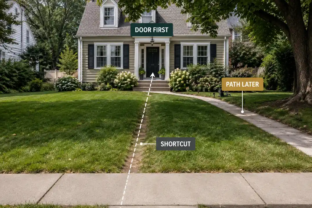 Sidewalk view of a front yard showing how guests see the front door before the walkway and cut across the lawn.