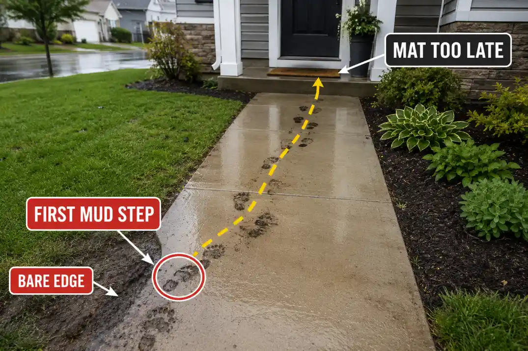 Muddy footprints starting at a bare walkway edge before reaching the front door mat after rain.