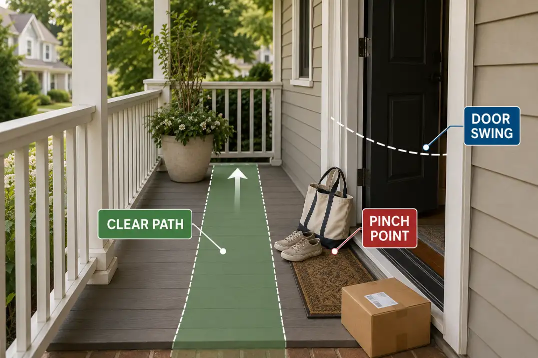 Small front porch with shoes and a tote bag creating a pinch point beside the clear door path.