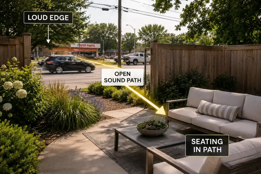 Backyard patio seating placed in an open sound path from a loud edge near the street.