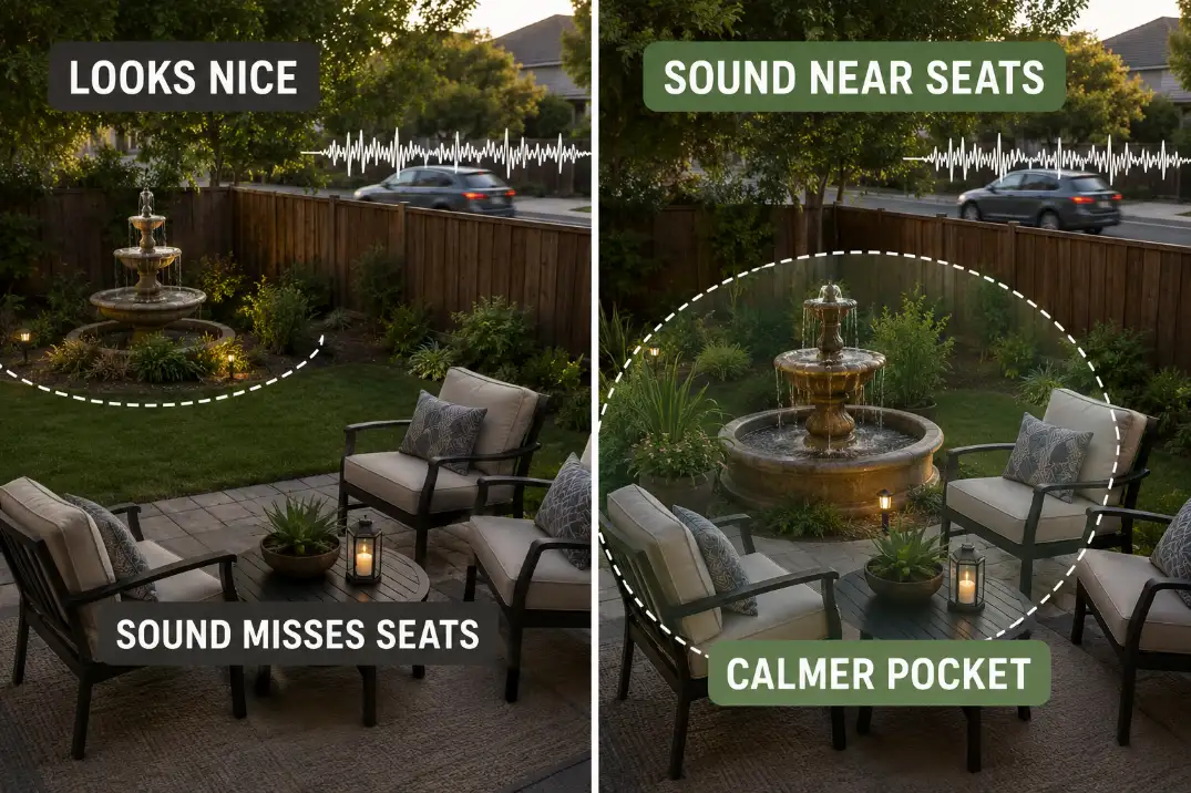 Comparison of a far decorative fountain versus a closer patio fountain that softens noise near outdoor seating.
