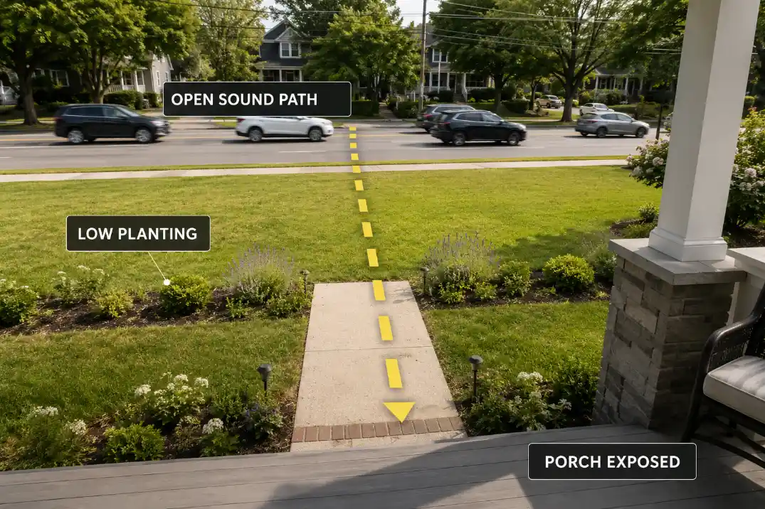 Front yard with low planting showing road noise moving through an open sound path toward the porch.