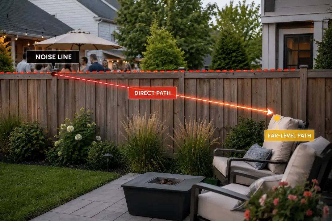 Backyard patio chairs near a shared fence with an overlay showing the direct neighbor noise path into the seating area.