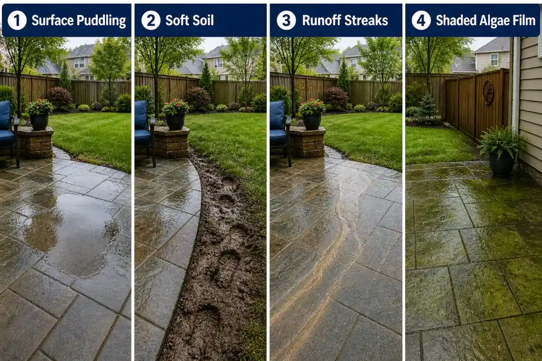 Comparison of wet backyard patio problems including puddles, soft soil, runoff streaks, and shaded algae film.